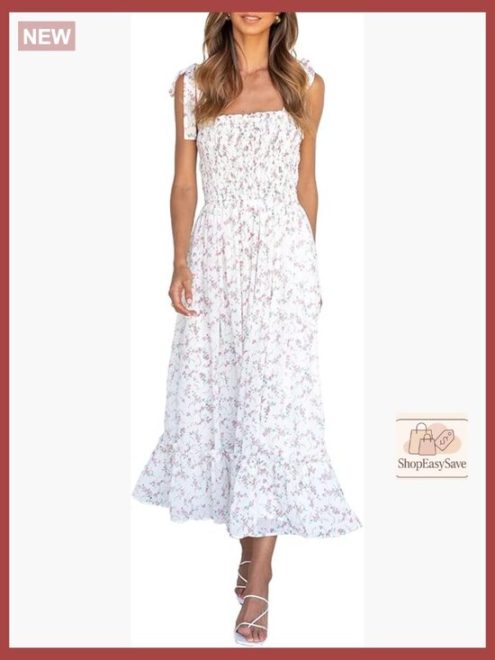 Dresses & Skirts - Summer Floral Maxi Dress Boho Tie Strap Sleeveless Smocked A-Line Beach Sundress